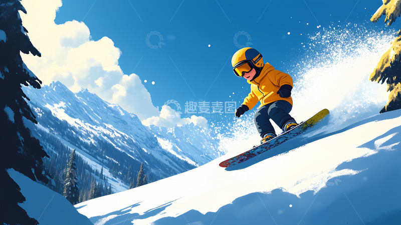 冬天滑雪的孩子卡通插画