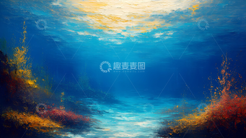 高清大图下载【趣麦麦图】梦幻的蓝色海底世界油画风格插画