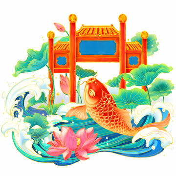 金榜题名鲤鱼跃龙门国潮插画5