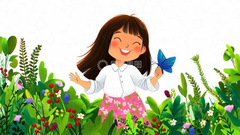 高清大图下载【趣麦麦图】春暖花开女孩与蝴蝶植物5