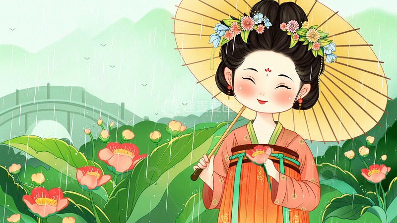 高清大图下载【趣麦麦图】国潮插画春意盎然节气惊蛰雨水谷雨