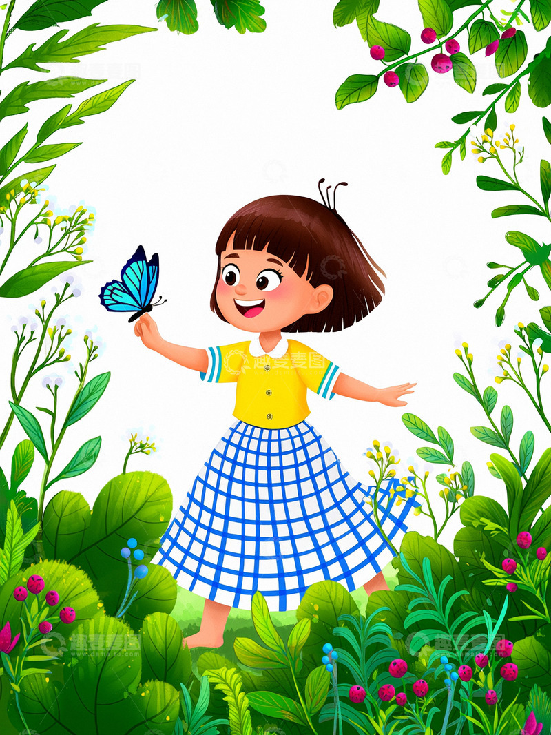 高清大图下载【趣麦麦图】春暖花开女孩与蝴蝶植物