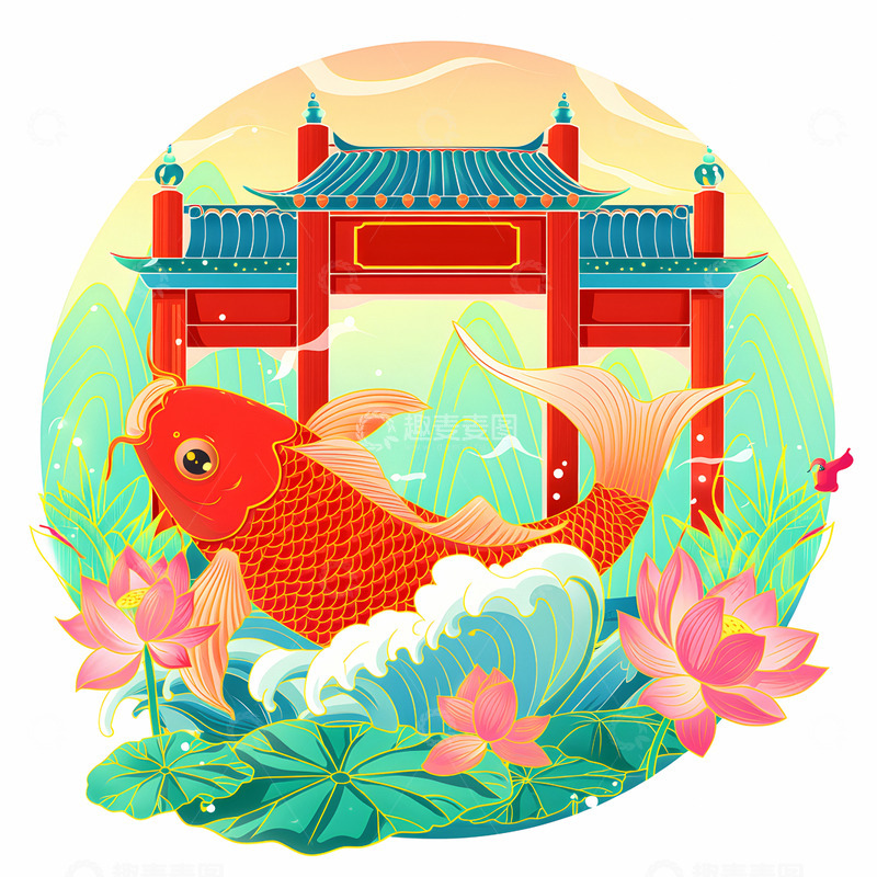 高清大图下载【趣麦麦图】金榜题名鲤鱼跃龙门国潮插画