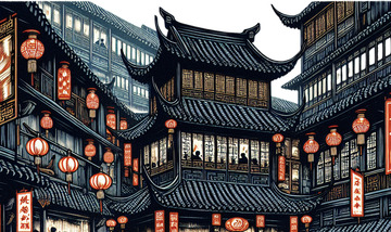 版画中国古代阁楼，街巷，过年，热闹，手绘