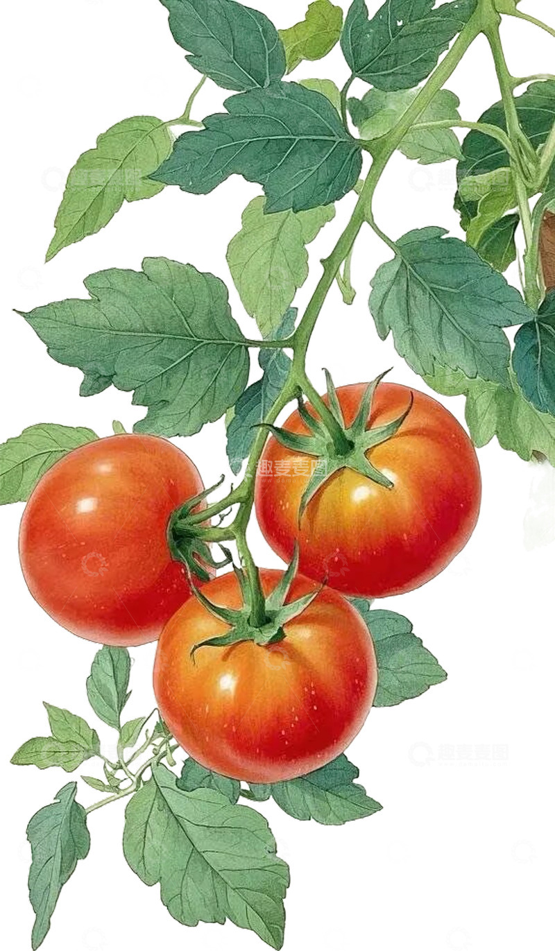高清大图下载【趣麦麦图】一串新鲜西红柿番茄工笔画