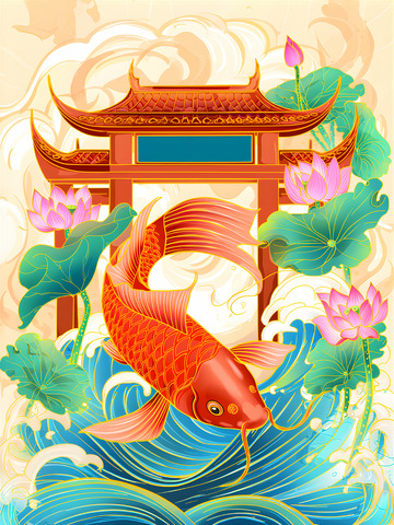 金榜题名鲤鱼跃龙门国潮插画7