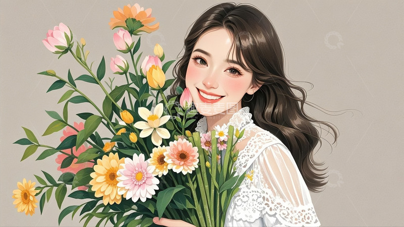 高清大图下载【趣麦麦图】抱着花束的女孩1