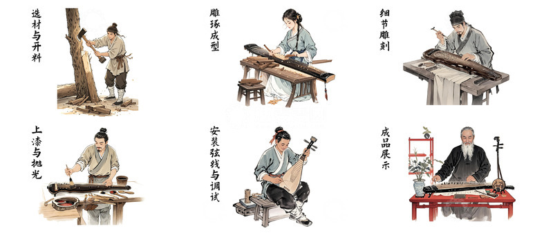 高清大图下载【趣麦麦图】古法乐器制作工艺插画流程图