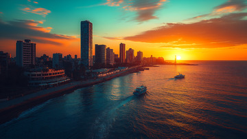 沿海滨海城市夕阳晚霞