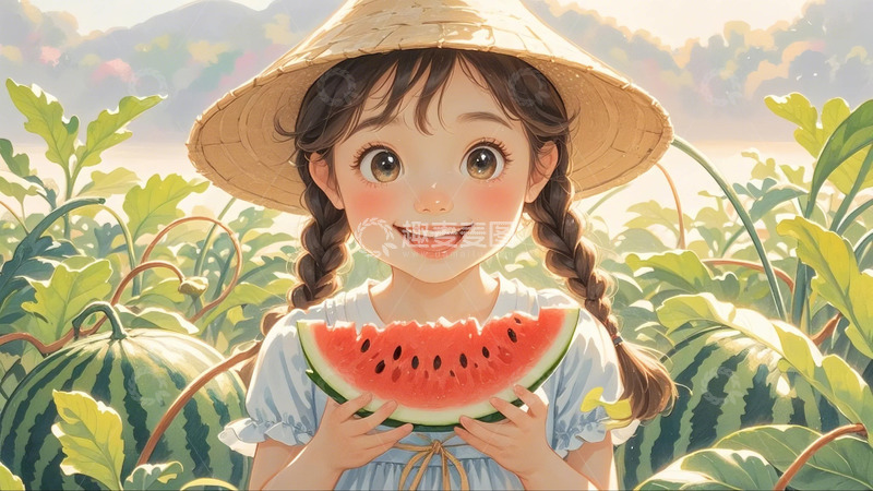 高清大图下载【趣麦麦图】西瓜 西瓜田里的小女孩