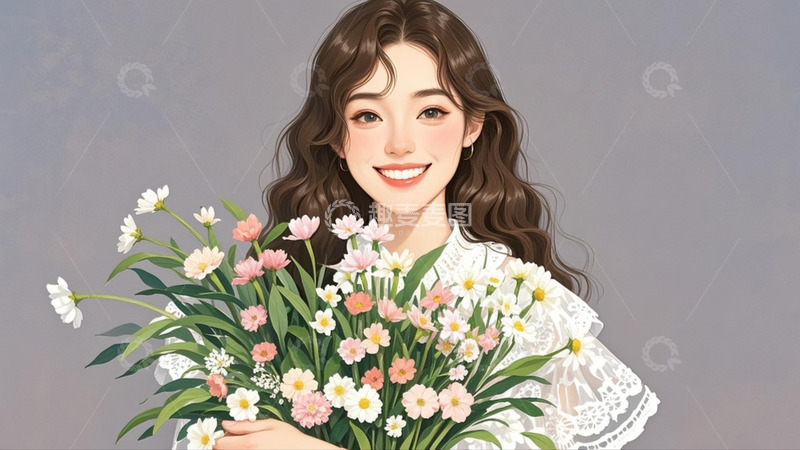 高清大图下载【趣麦麦图】抱着花束的女孩
