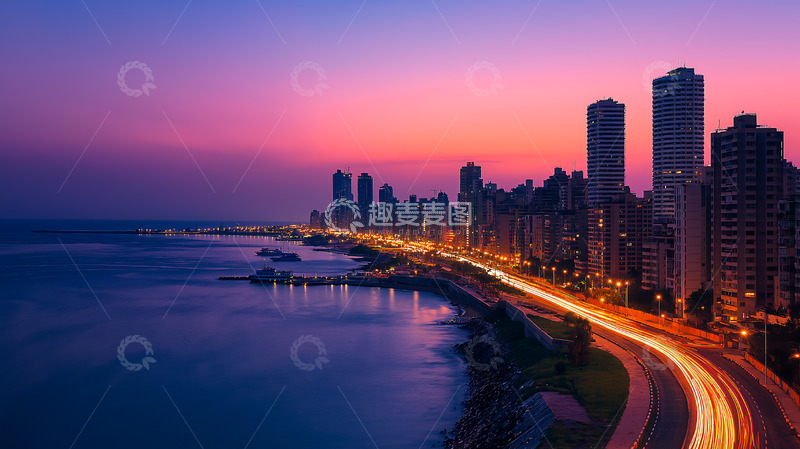 高清大图下载【趣麦麦图】滨海城市日落晚霞风光