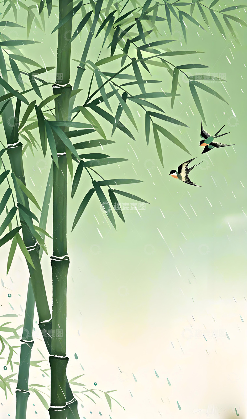 高清大图下载【趣麦麦图】-雨水古风插画节气背景1