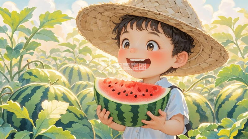 高清大图下载【趣麦麦图】西瓜 西瓜田里的小男孩1
