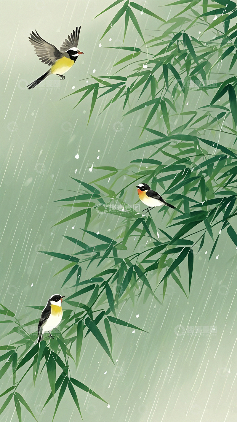 高清大图下载【趣麦麦图】-雨水古风插画节气背景