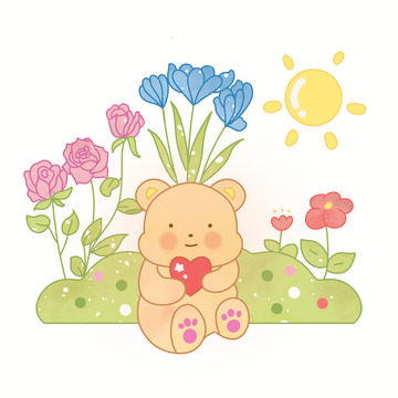 黄色奶油小熊花园粉色花朵植物