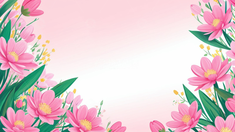 高清大图下载【趣麦麦图】春天花草插画粉色边框背景