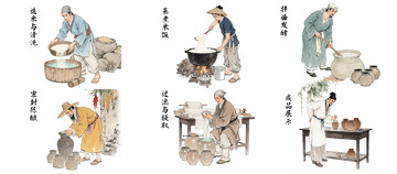 古法酿酒工气制作流程图插画素材