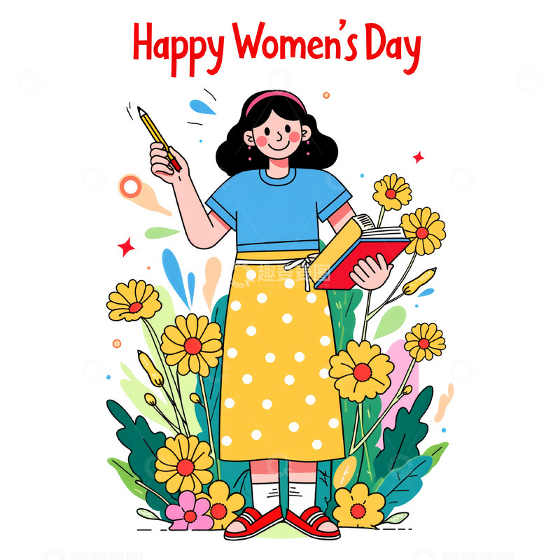 高清大图下载【趣麦麦图】妇女节教师职业线描卡通人物素材