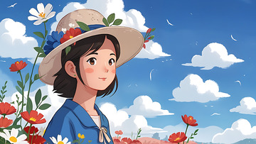 插画夏日白云少女蓝天
