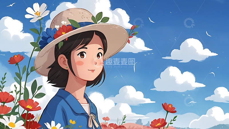 高清大图下载【趣麦麦图】插画夏日白云少女蓝天