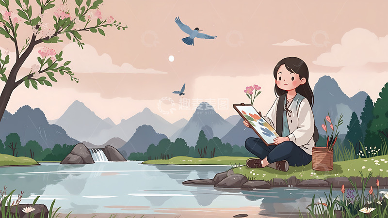 高清大图下载【趣麦麦图】在湖泊旁写生绘画的少女