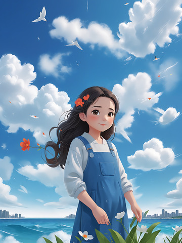插画蓝天少女白云夏日