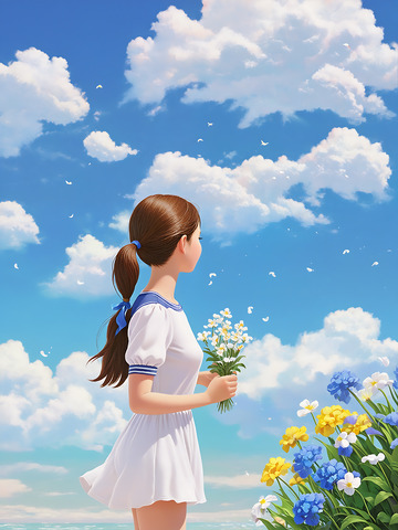 蓝天夏日插画白云少女
