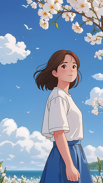 白云少女插画蓝天夏日