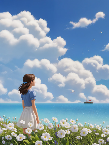 少女插画白云蓝天夏日