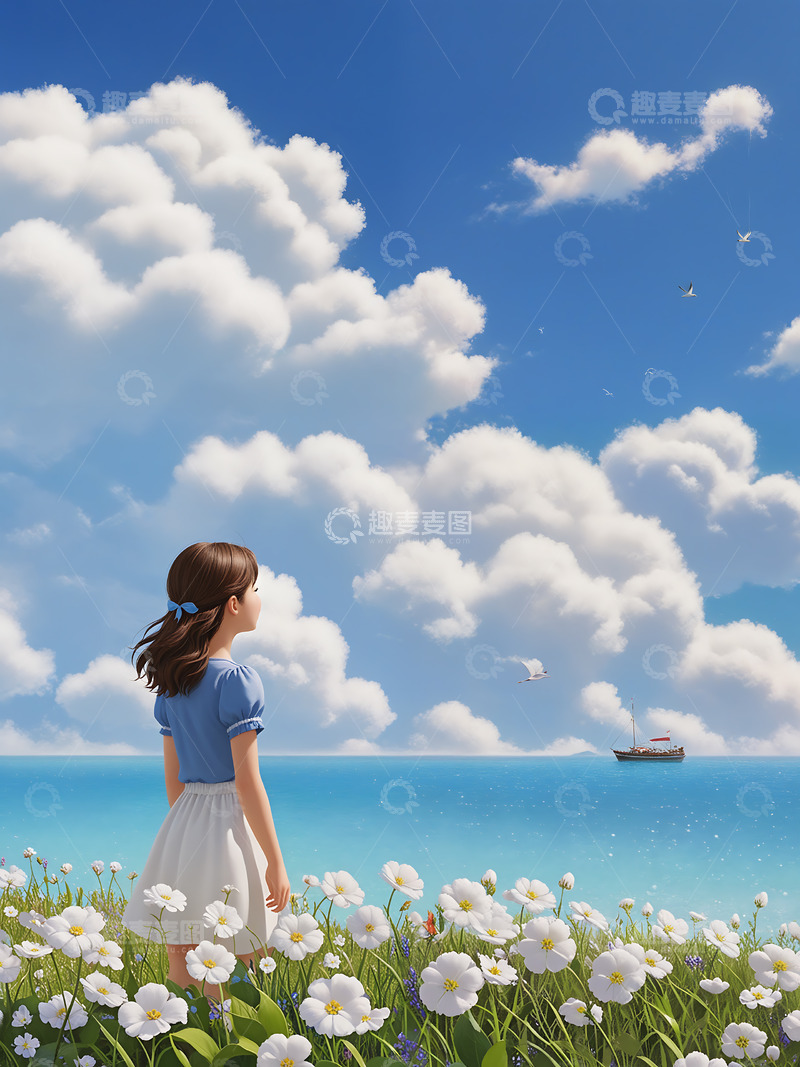 高清大图下载【趣麦麦图】少女插画白云蓝天夏日