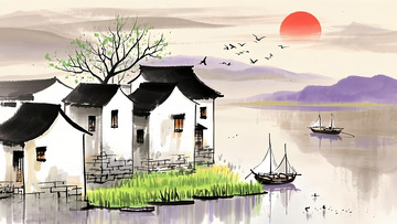 古风江南水乡水墨风景画