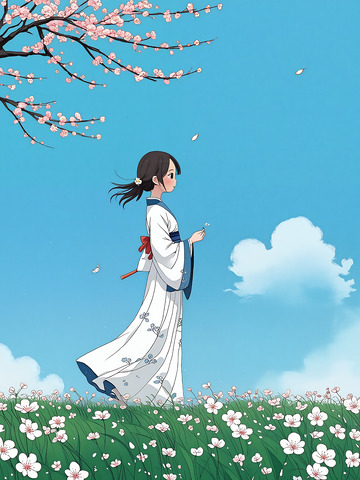白云夏日插画蓝天少女