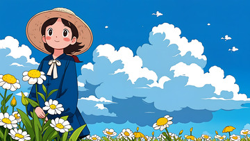 夏日蓝天插画白云少女