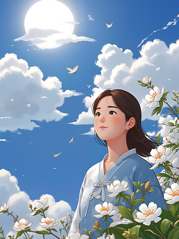 插画白云蓝天夏日少女