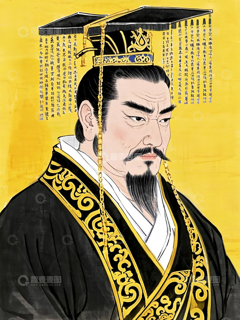 高清大图下载【趣麦麦图】秦始皇工笔画人物插画素材1