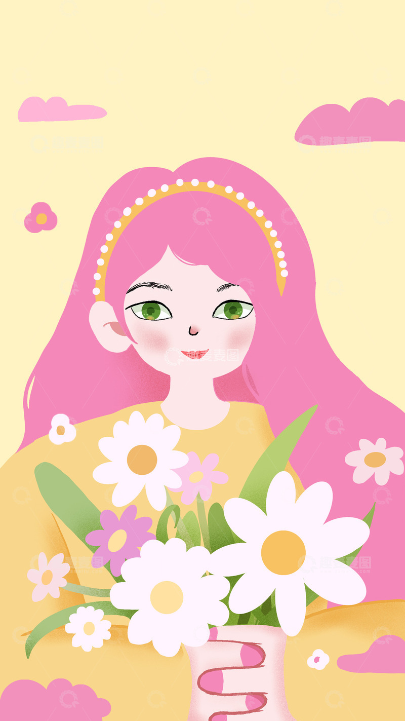 源文件下载【趣麦麦图】卡通女孩鲜花