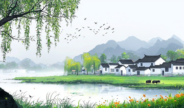 乡村村屋河边风景插画