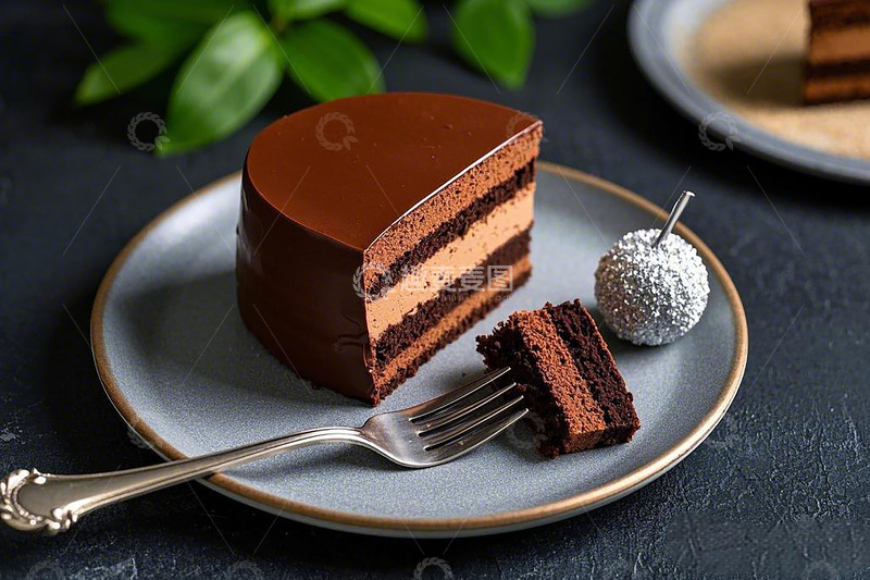 高清大图下载【趣麦麦图】巧克力蛋糕奶油夹层糖珠装饰球餐具