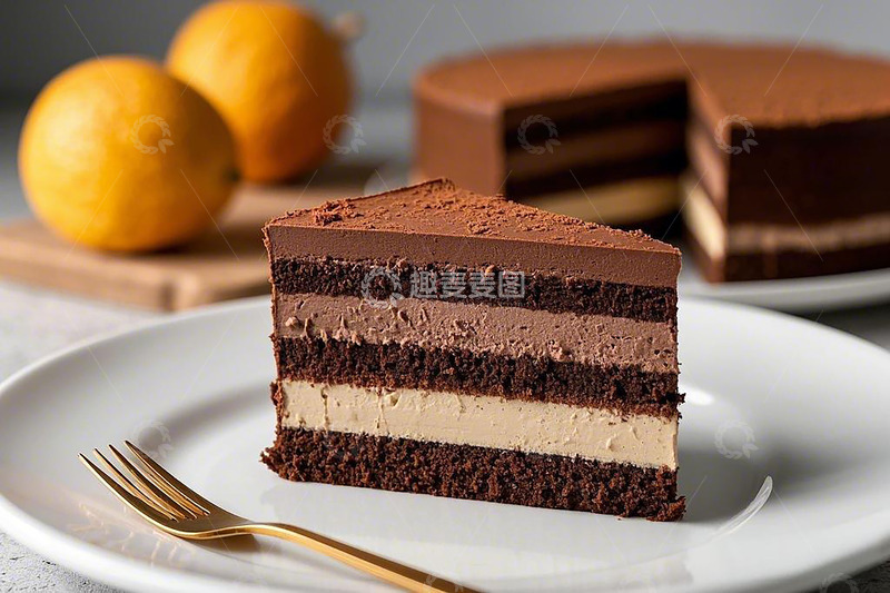 高清大图下载【趣麦麦图】巧克力蛋糕奶油夹层橙子金色叉子