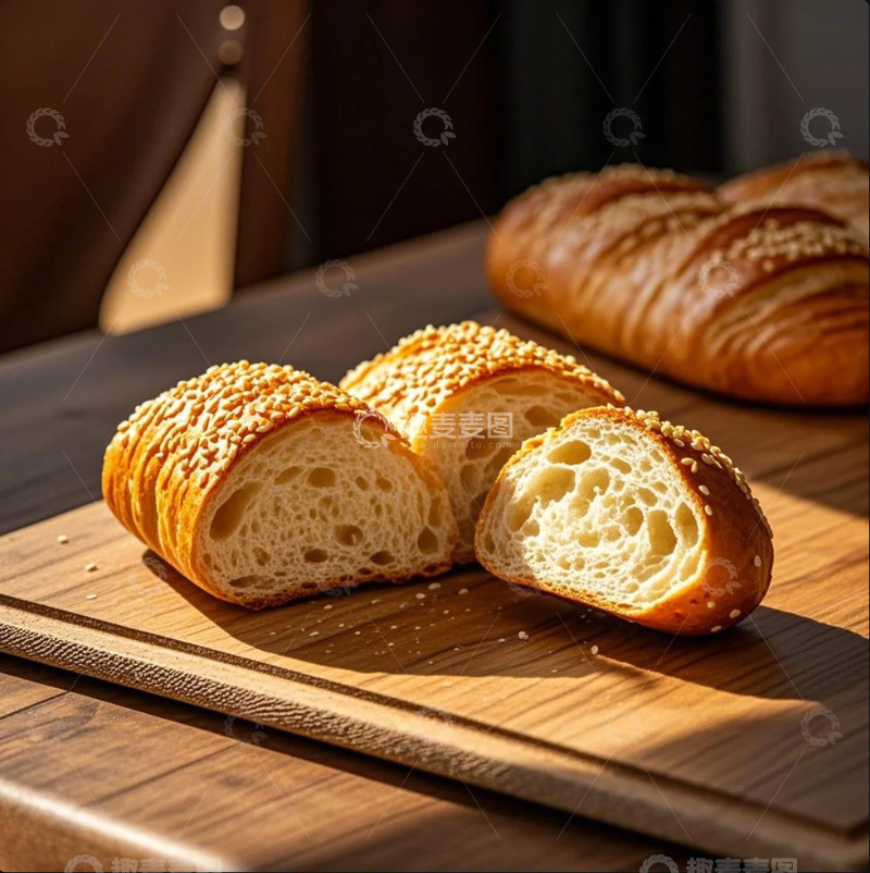 高清大图下载【趣麦麦图】充满食欲的面包芝麻面包木砧板 