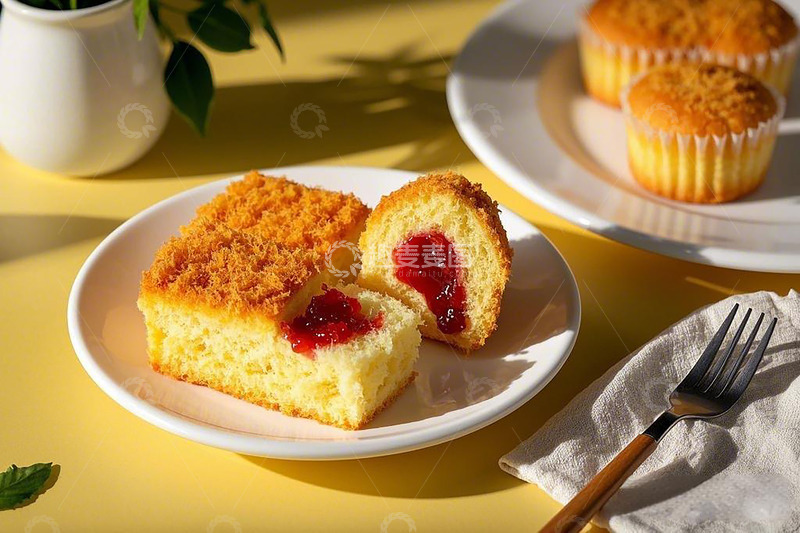 高清大图下载【趣麦麦图】果酱夹心蛋糕肉松装饰纸杯蛋糕叉子餐布