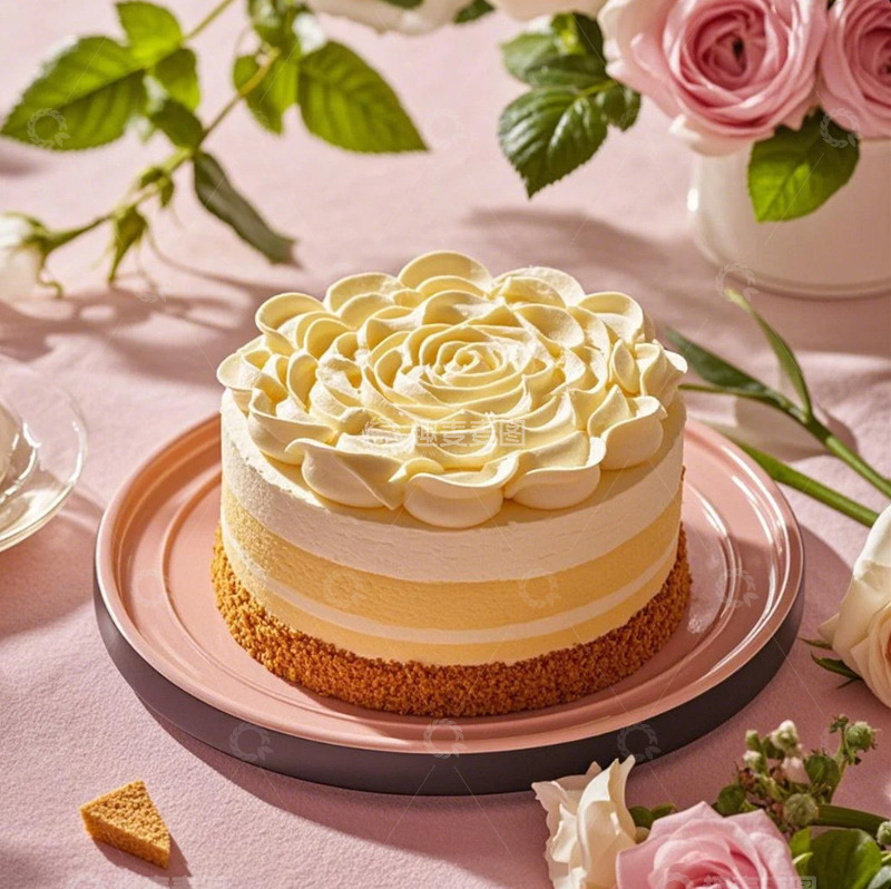 高清大图下载【趣麦麦图】奶油花蛋糕粉色餐盘玫瑰花
