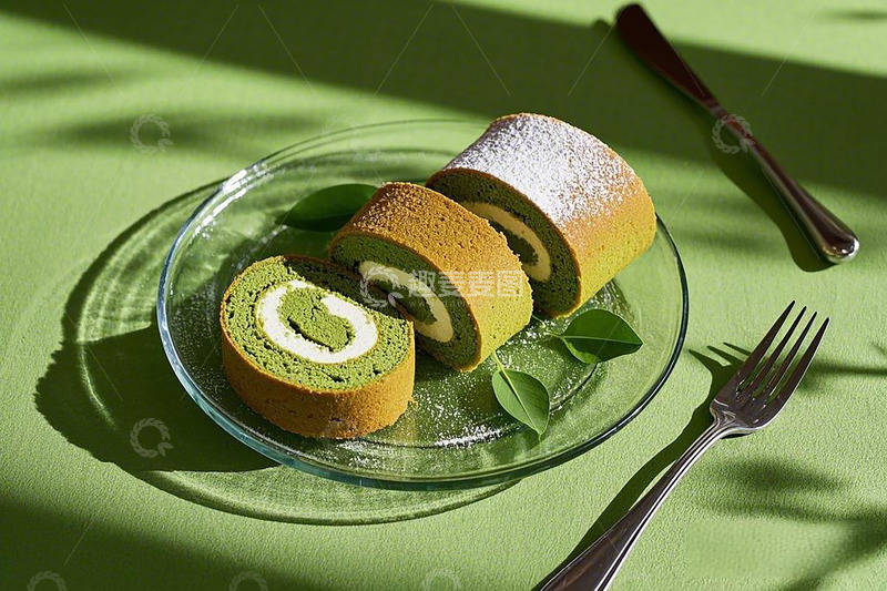 高清大图下载【趣麦麦图】抹茶蛋糕卷甜品