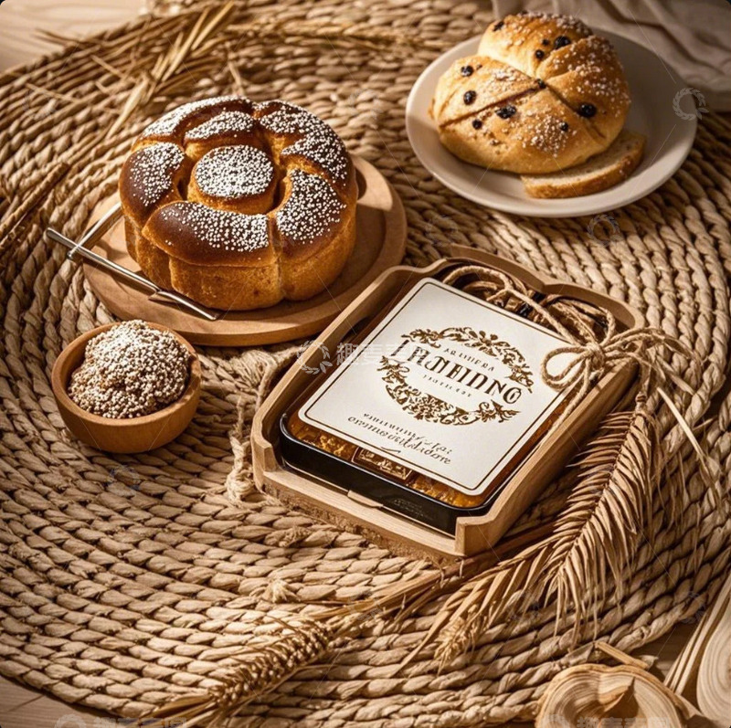 高清大图下载【趣麦麦图】撒粉面包葡萄干面包木碗礼盒编织垫 