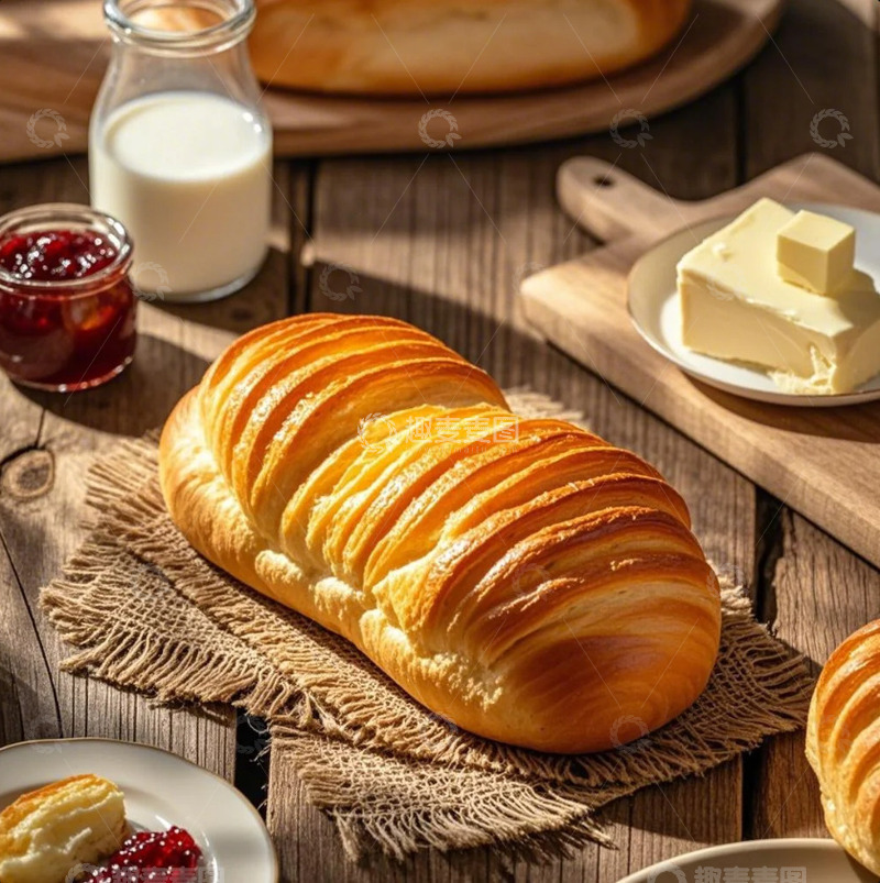 高清大图下载【趣麦麦图】条纹面包 牛奶 果酱 黄油 