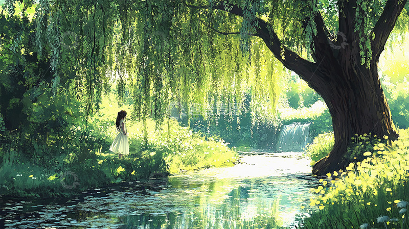 高清大图下载【趣麦麦图】河边柳树女孩