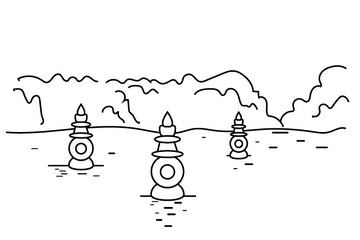 杭州风景西湖三潭印月矢量线稿黑白