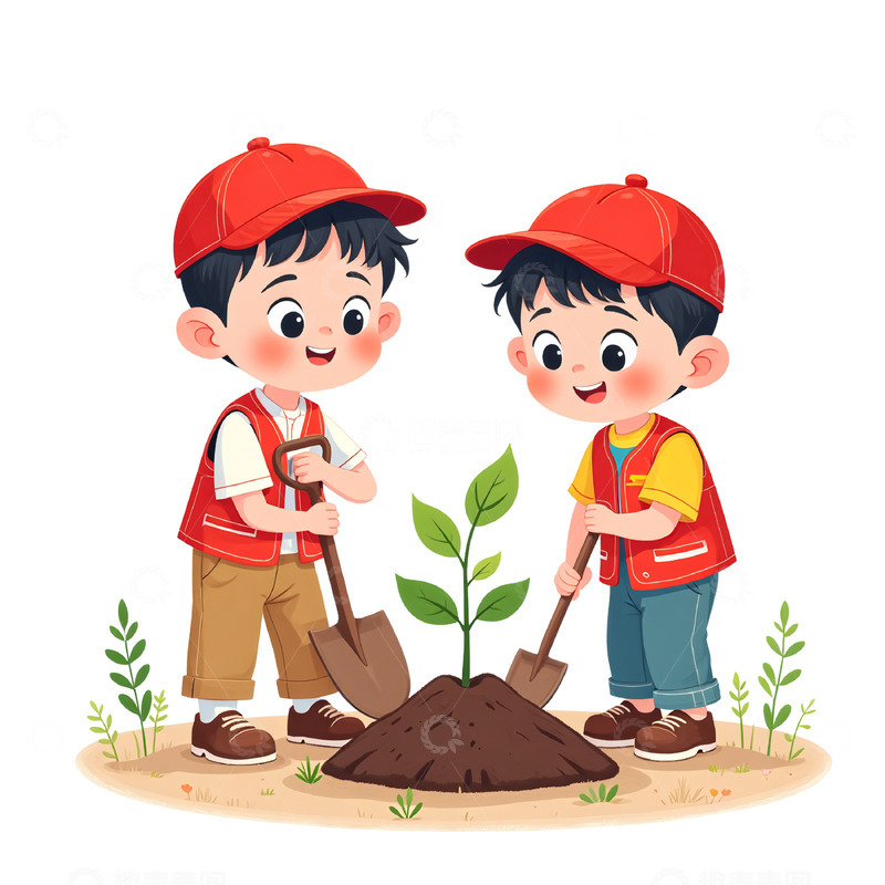 高清大图下载【趣麦麦图】卡通志愿者植树场景插画