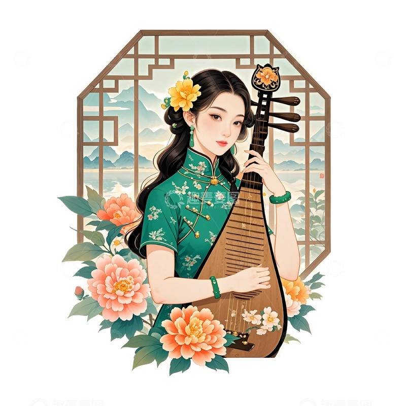 高清大图下载【趣麦麦图】国潮复古女人工笔画素材2